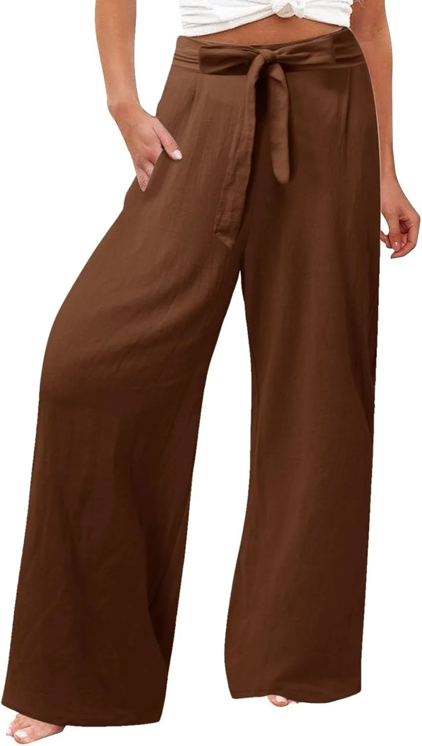 Women's Linen Blend Summer Casual Flowy Pants High Waist Lounge Pants Plus Size Trouser Vacation