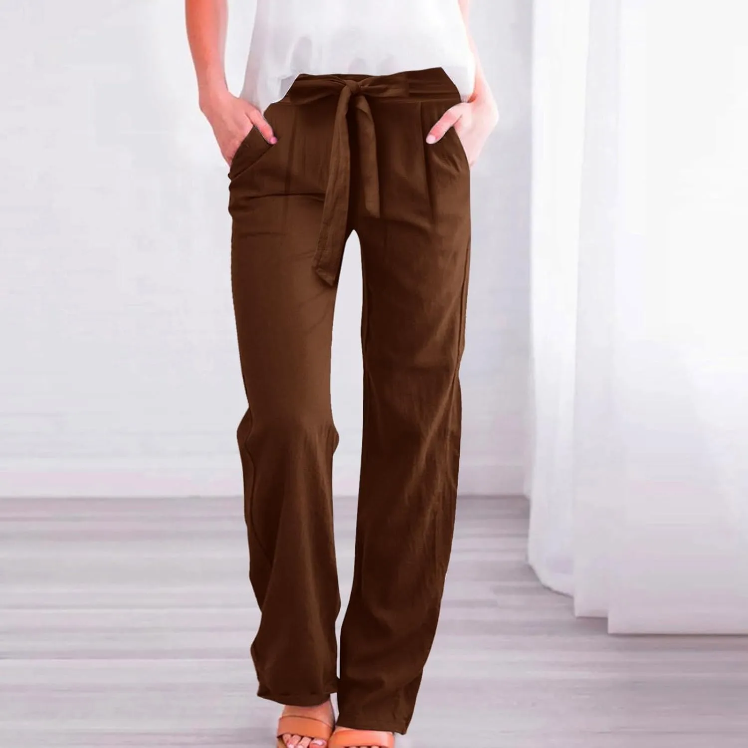 Women's Linen Blend Summer Casual Flowy Pants High Waist Lounge Pants Plus Size Trouser Vacation