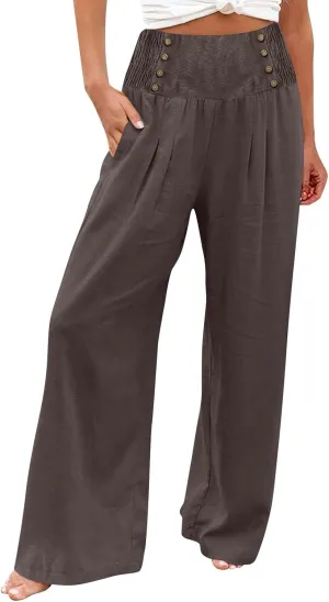 Womens Linen Blend Summer Casual Loose Palazzo Lounge Pants Low Waist Bootcut Plus Size Trousers Beach