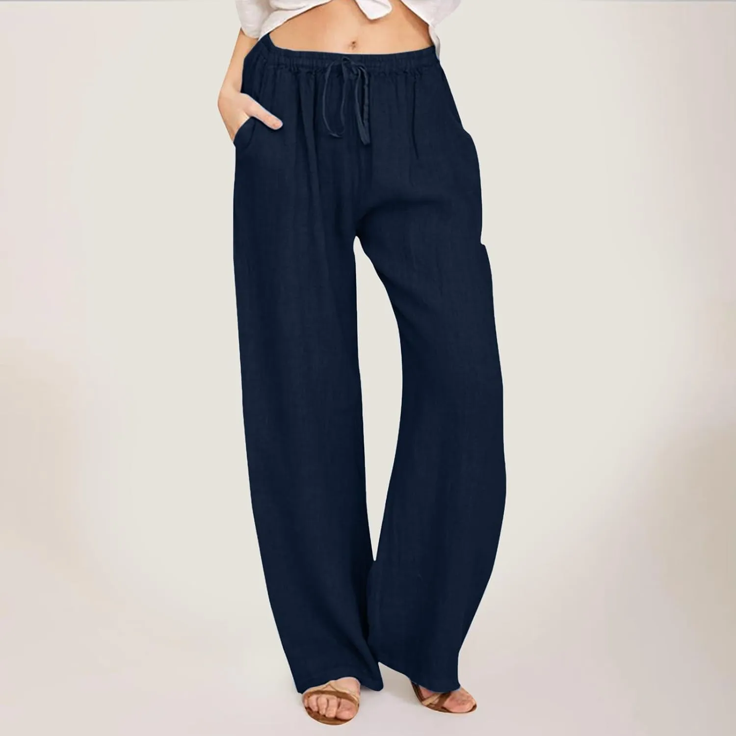 Womens Linen Blend Summer Fashion Pants High Waist Long Lounge Slim Fit Pants Beach