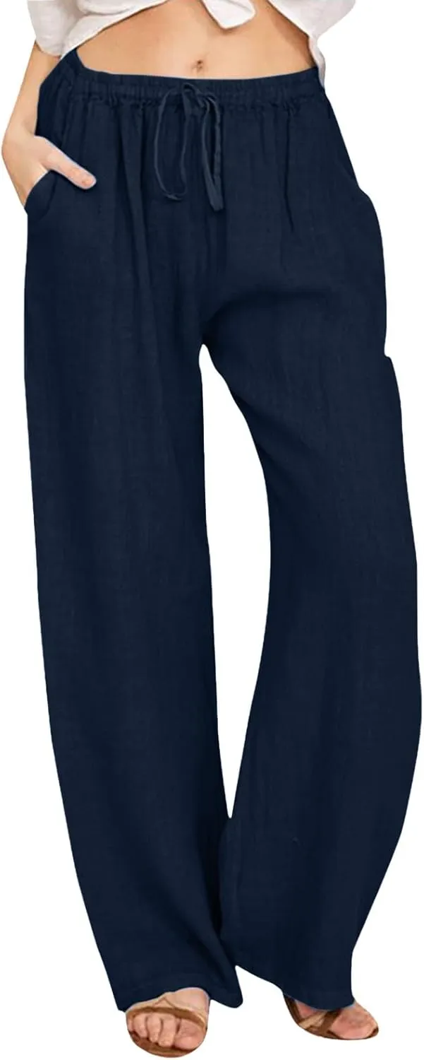 Womens Linen Blend Summer Fashion Pants High Waist Long Lounge Slim Fit Pants Beach