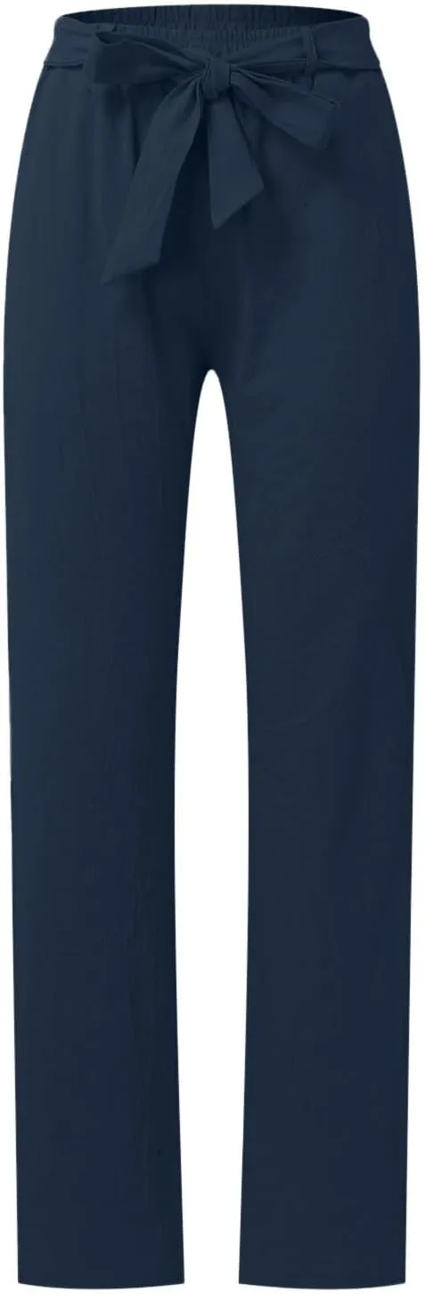 Women's Linen Blend Summer Letter Patched Pants Low Waist Straight Plus Size Trouser Travel