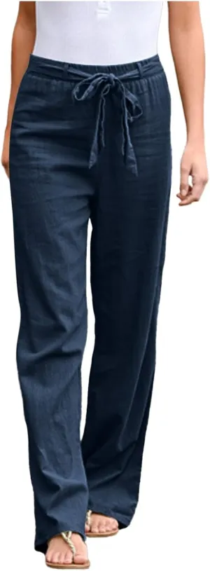 Women's Linen Blend Summer Letter Patched Pants Low Waist Straight Plus Size Trouser Travel