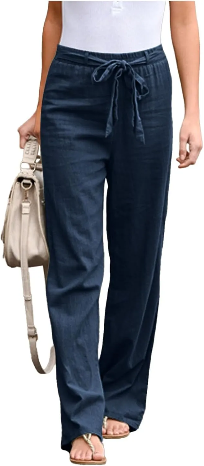 Women's Linen Blend Summer Letter Patched Pants Low Waist Straight Plus Size Trouser Travel