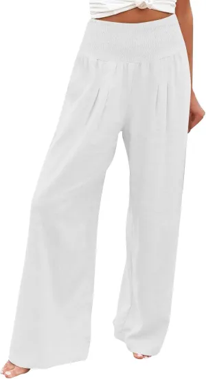 Womens Linen Blend Summer Loose Flowy Pant Trousers Elastic Waisted Long Lounge Plus Size Pants Vacation