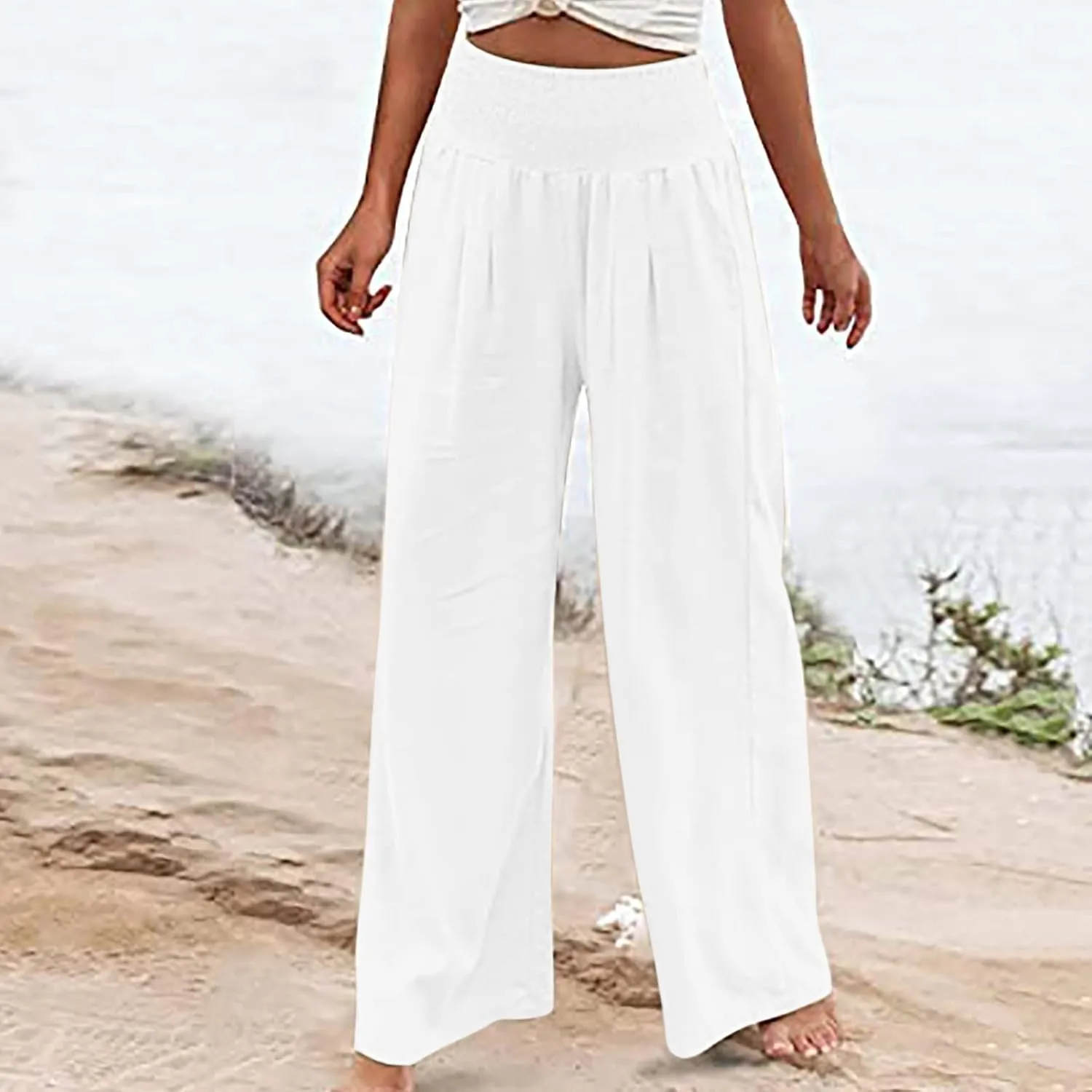 Womens Linen Blend Summer Loose Flowy Pant Trousers Elastic Waisted Long Lounge Plus Size Pants Vacation