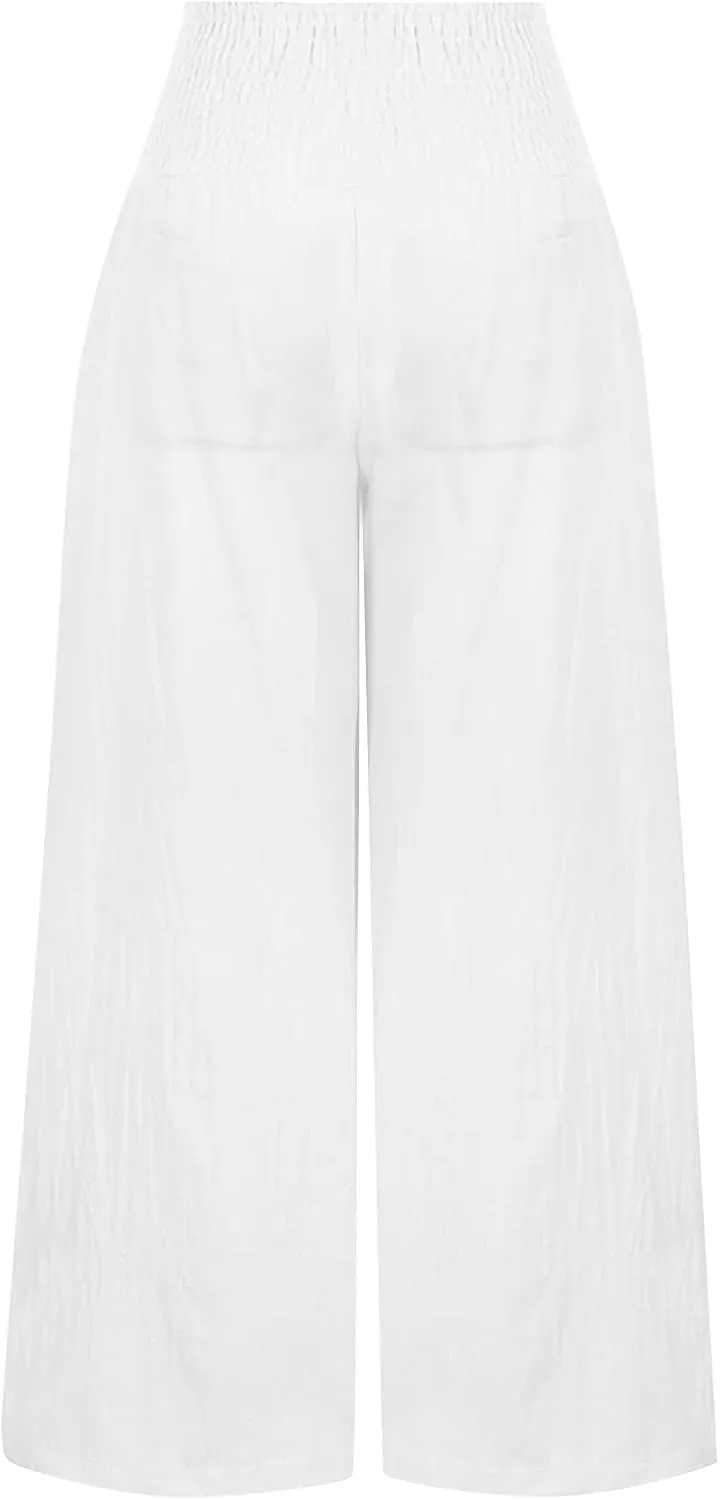 Womens Linen Blend Summer Loose Flowy Pant Trousers Elastic Waisted Long Lounge Plus Size Pants Vacation