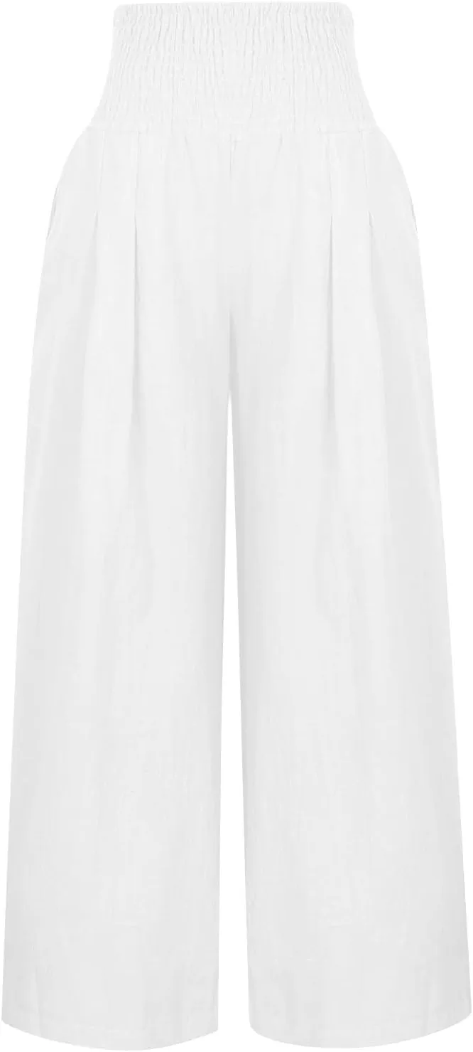 Womens Linen Blend Summer Loose Flowy Pant Trousers Elastic Waisted Long Lounge Plus Size Pants Vacation