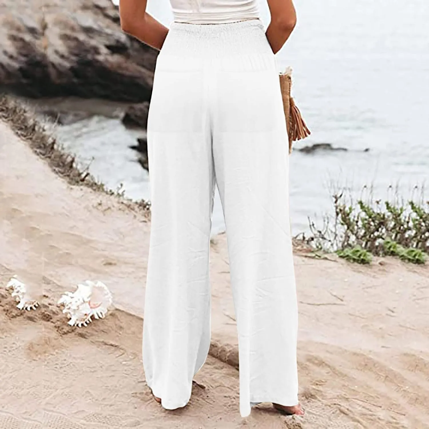 Womens Linen Blend Summer Loose Flowy Pant Trousers Elastic Waisted Long Lounge Plus Size Pants Vacation