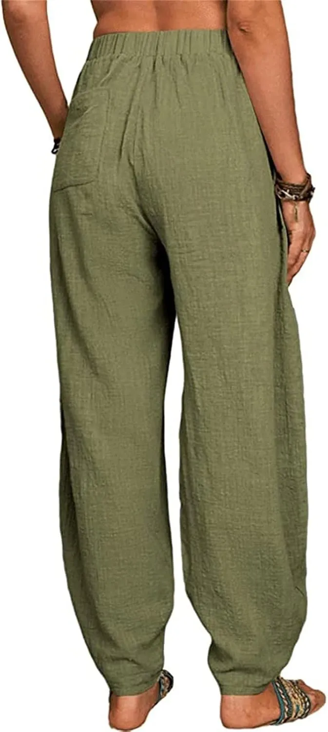 Womens Linen Blend Summer Palazzo Palazzo Lounge Pants Elastic Waisted Baggy Stretchy Loose Fit Trousers Vacation