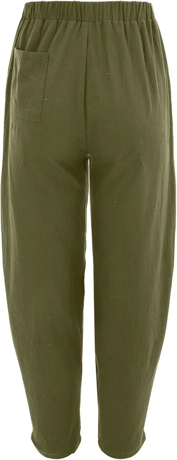 Womens Linen Blend Summer Palazzo Palazzo Lounge Pants Elastic Waisted Baggy Stretchy Loose Fit Trousers Vacation