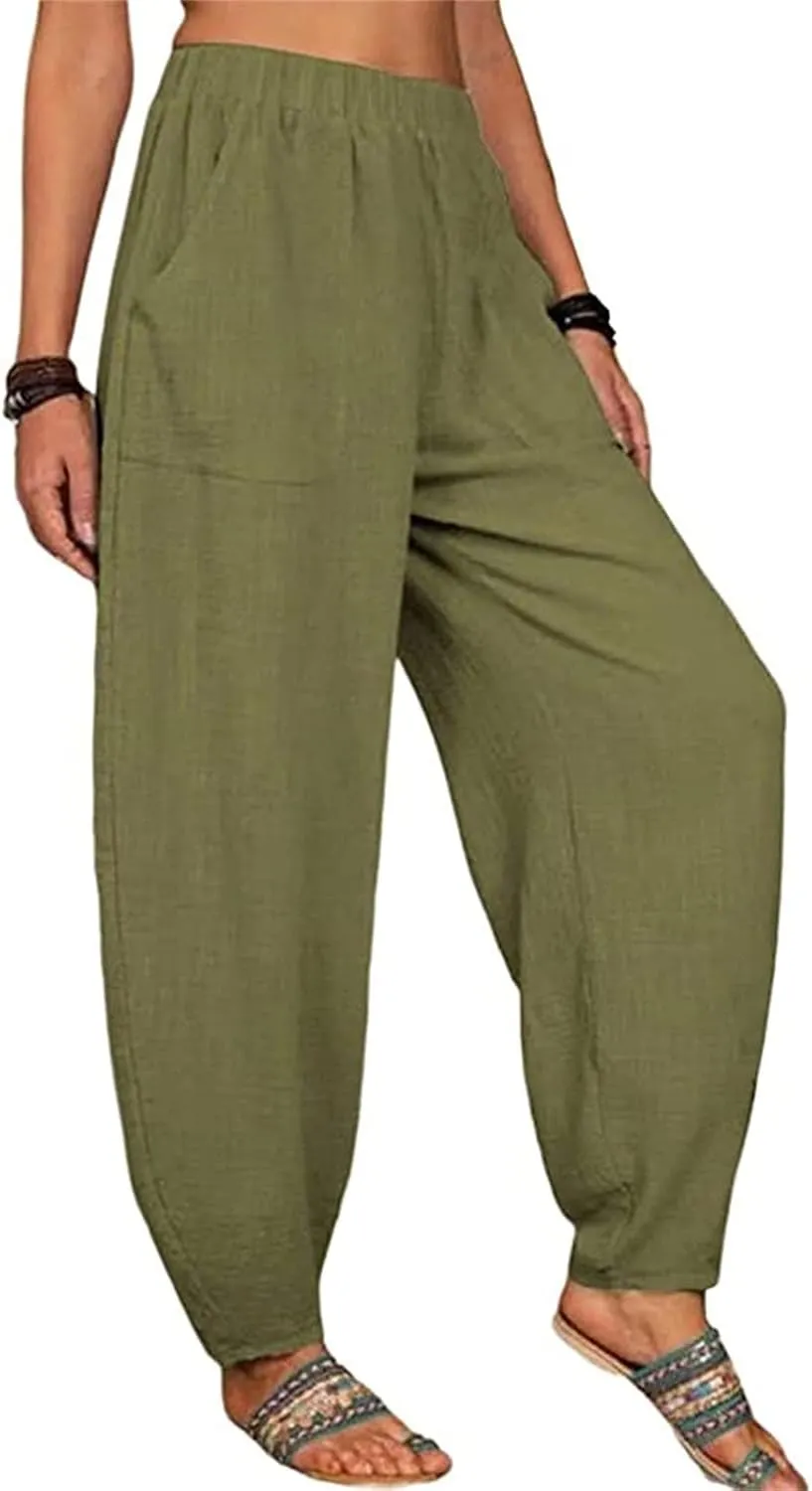 Womens Linen Blend Summer Palazzo Palazzo Lounge Pants Elastic Waisted Baggy Stretchy Loose Fit Trousers Vacation
