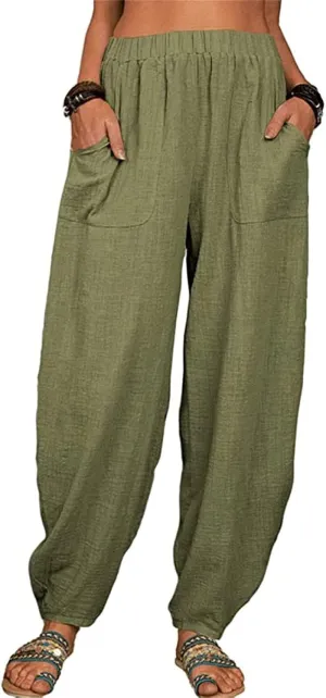 Womens Linen Blend Summer Palazzo Palazzo Lounge Pants Elastic Waisted Baggy Stretchy Loose Fit Trousers Vacation