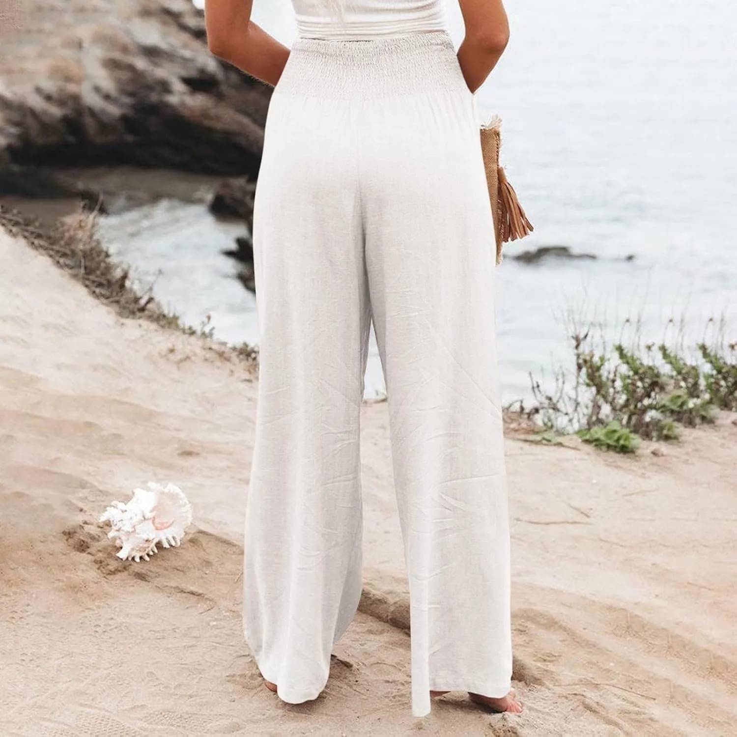 Women's Linen Blend Summer Palazzo Palazzo Pants High Waist Straight Slim Fit Pants Business Work