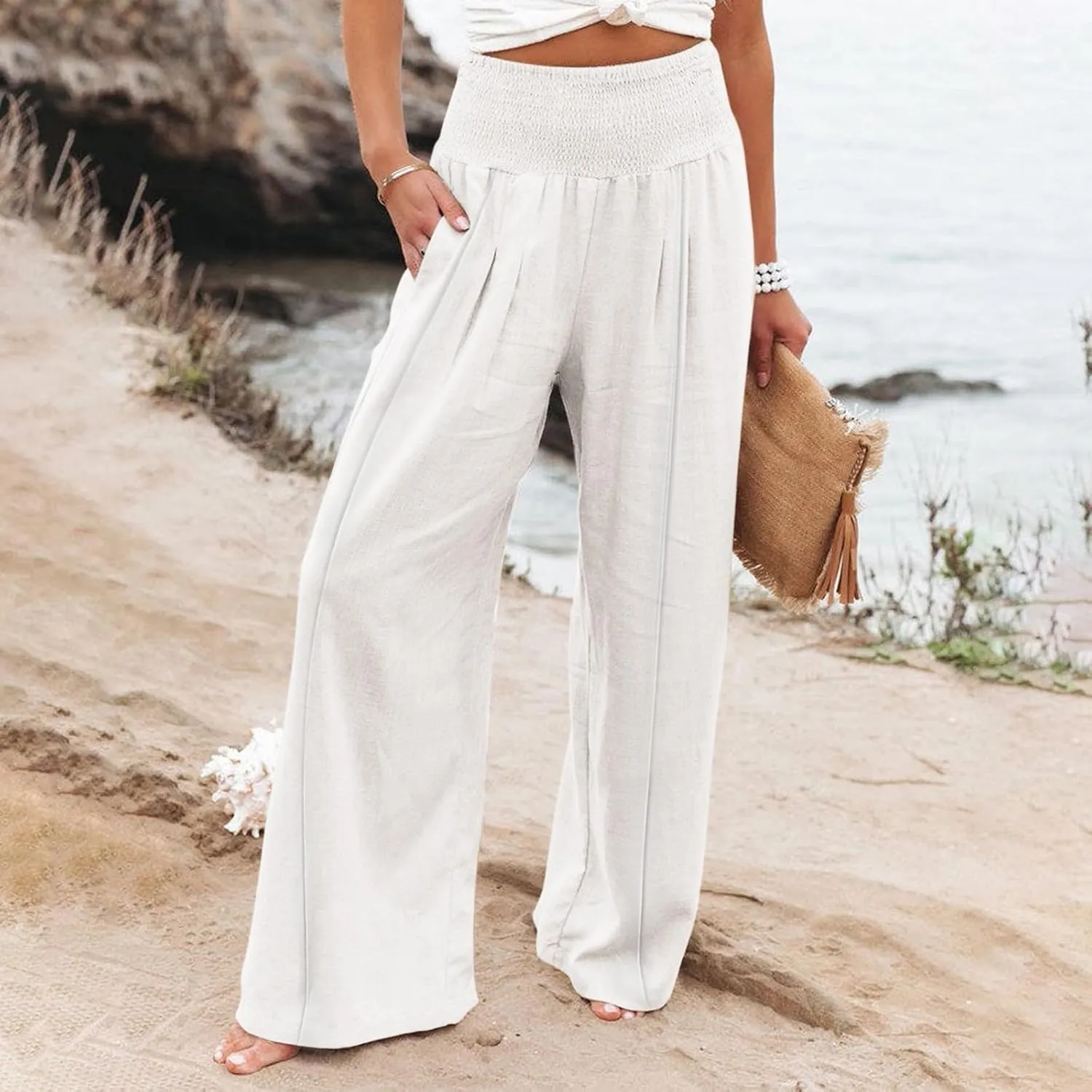 Women's Linen Blend Summer Palazzo Palazzo Pants High Waist Straight Slim Fit Pants Business Work