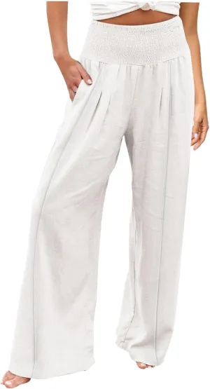 Women's Linen Blend Summer Palazzo Palazzo Pants High Waist Straight Slim Fit Pants Business Work
