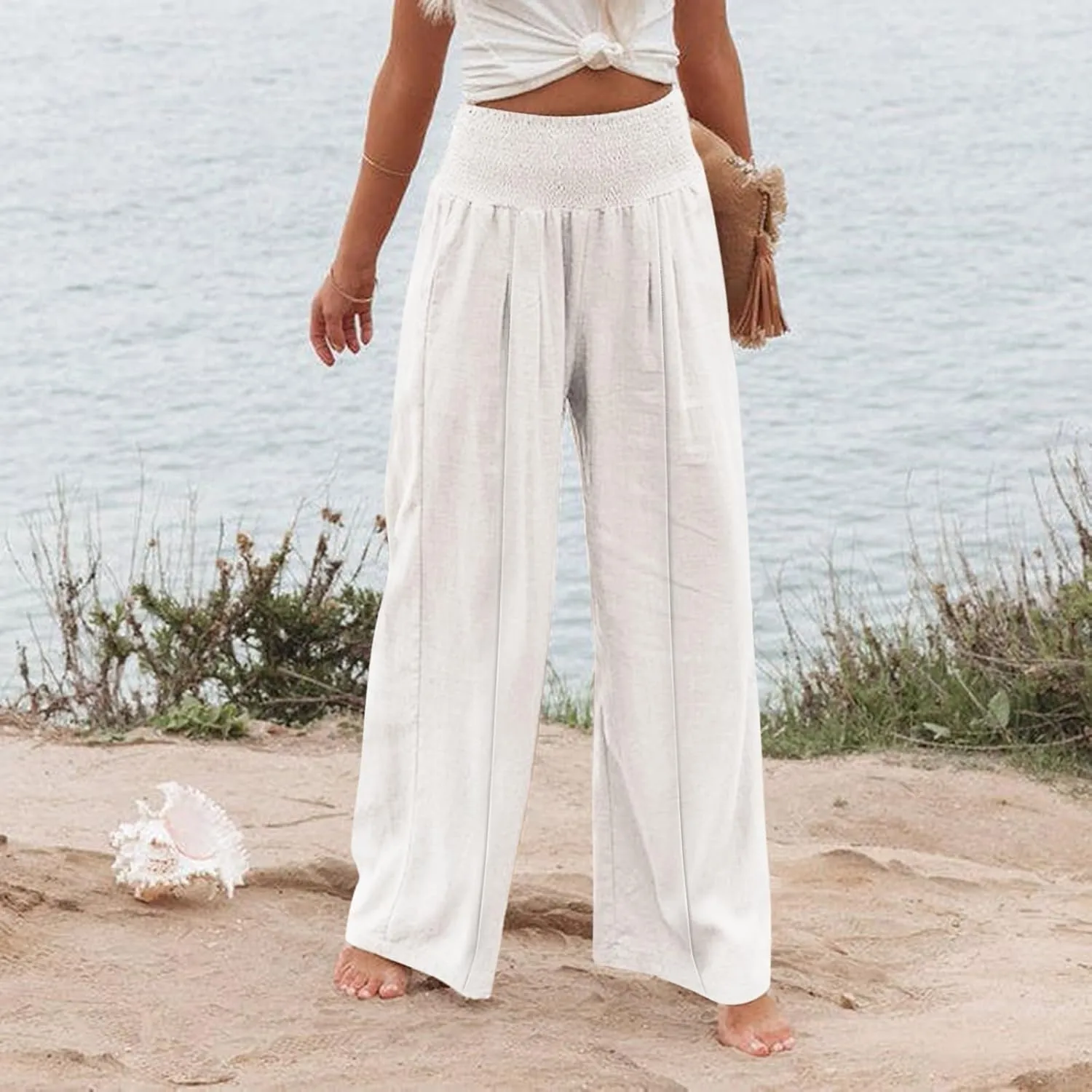 Women's Linen Blend Summer Palazzo Palazzo Pants High Waist Straight Slim Fit Pants Business Work