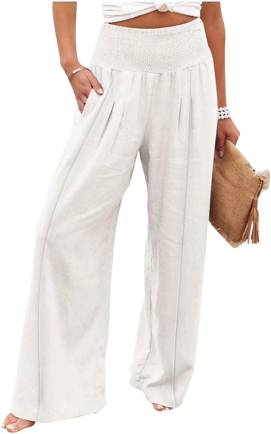 Women's Linen Blend Summer Palazzo Palazzo Pants High Waist Straight Slim Fit Pants Business Work