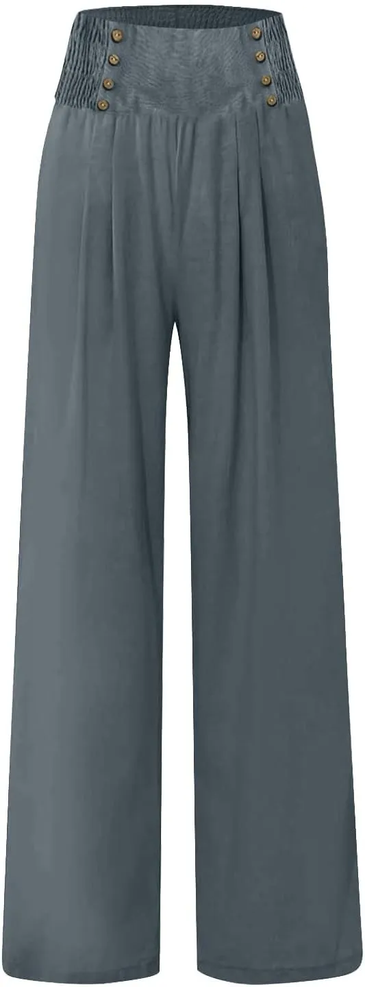 Womens Linen Blend Summer Print Palazzo Pants Low Waist Ankle Length Loose Fit Trouser Business Work