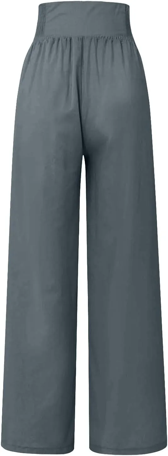 Womens Linen Blend Summer Print Palazzo Pants Low Waist Ankle Length Loose Fit Trouser Business Work
