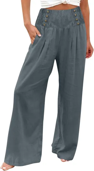 Womens Linen Blend Summer Print Palazzo Pants Low Waist Ankle Length Loose Fit Trouser Business Work
