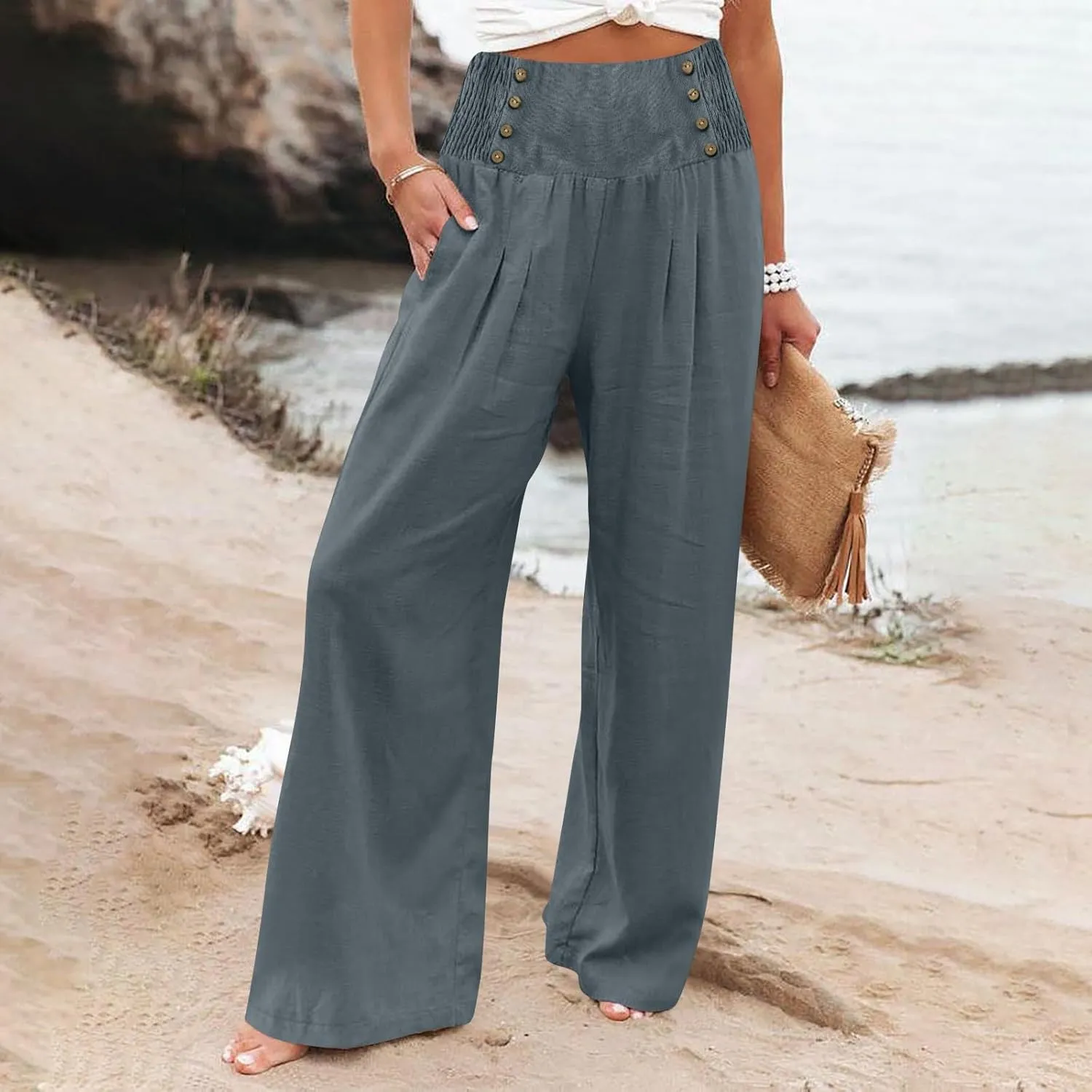 Womens Linen Blend Summer Print Palazzo Pants Low Waist Ankle Length Loose Fit Trouser Business Work