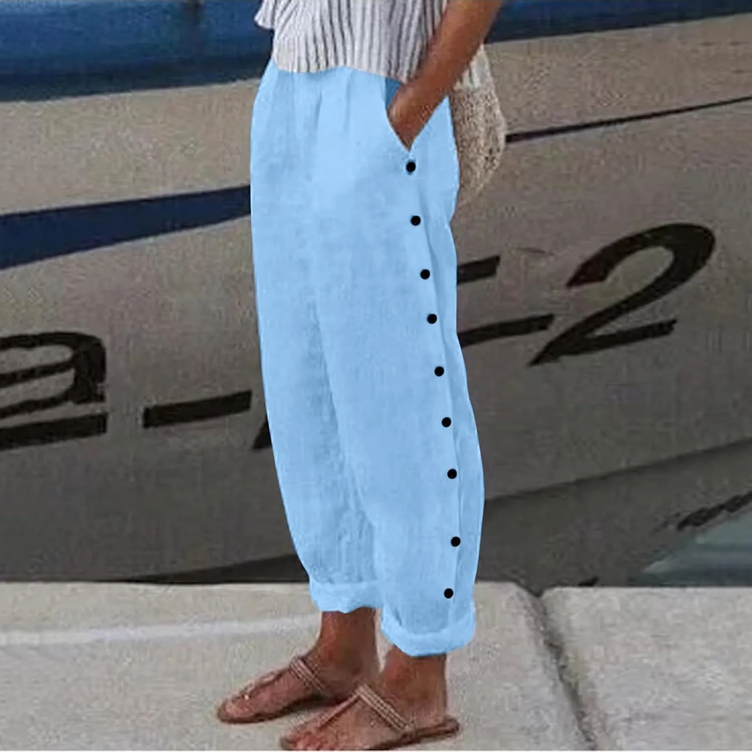 Women's Linen Blend Summer Tie Knot Pants Elastic Waist Baggy Stretchy Loose Fit Palazzo Pants Vacation