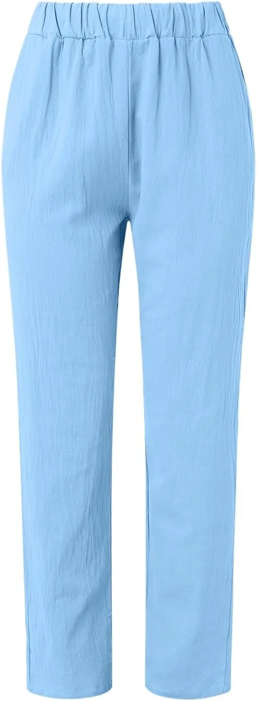 Women's Linen Blend Summer Tie Knot Pants Elastic Waist Baggy Stretchy Loose Fit Palazzo Pants Vacation