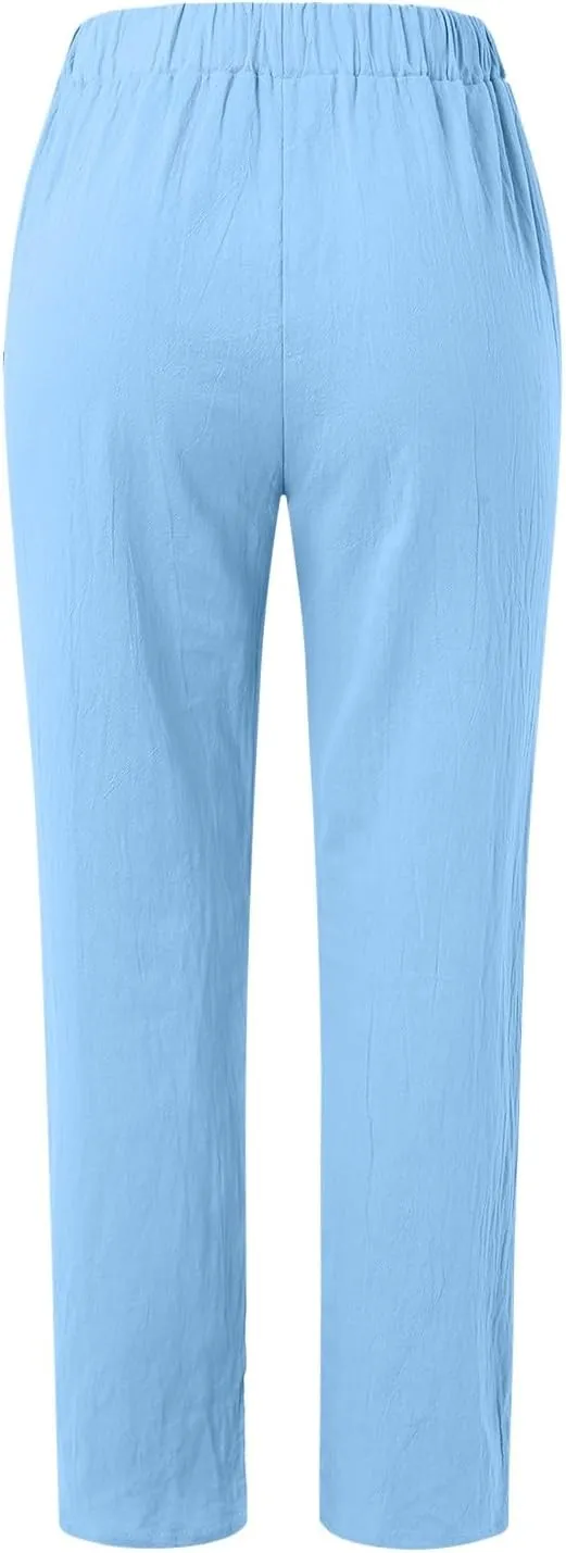 Women's Linen Blend Summer Tie Knot Pants Elastic Waist Baggy Stretchy Loose Fit Palazzo Pants Vacation