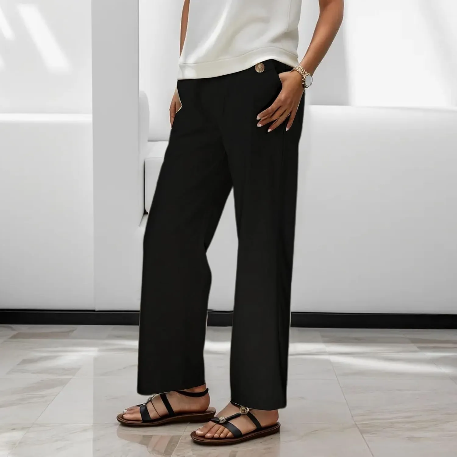 Women's Linen Blend Summer Y2K Streetwear Pants Elastic Waisted Straight Plus Size Palazzo Pants Work Business