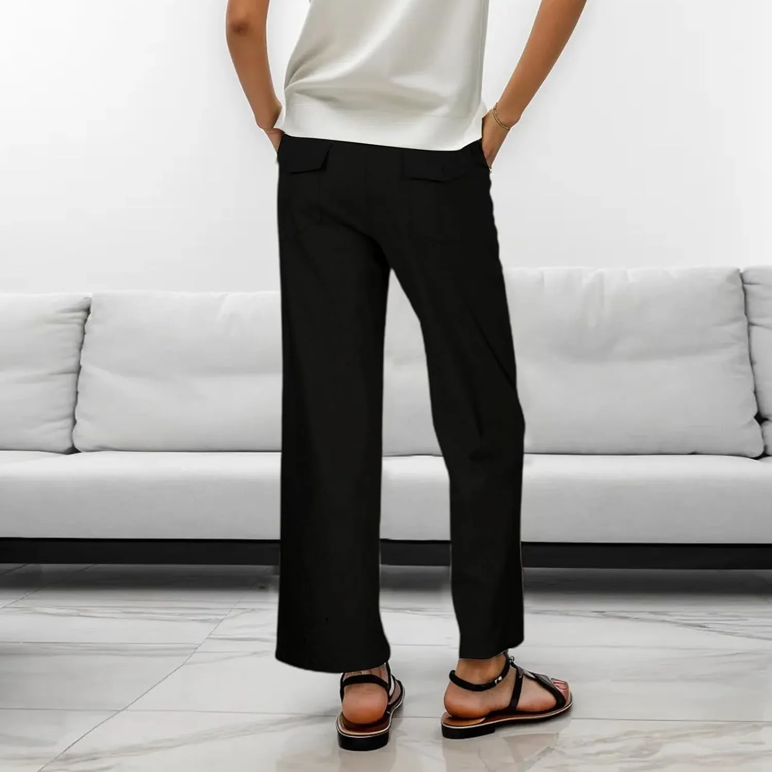 Women's Linen Blend Summer Y2K Streetwear Pants Elastic Waisted Straight Plus Size Palazzo Pants Work Business
