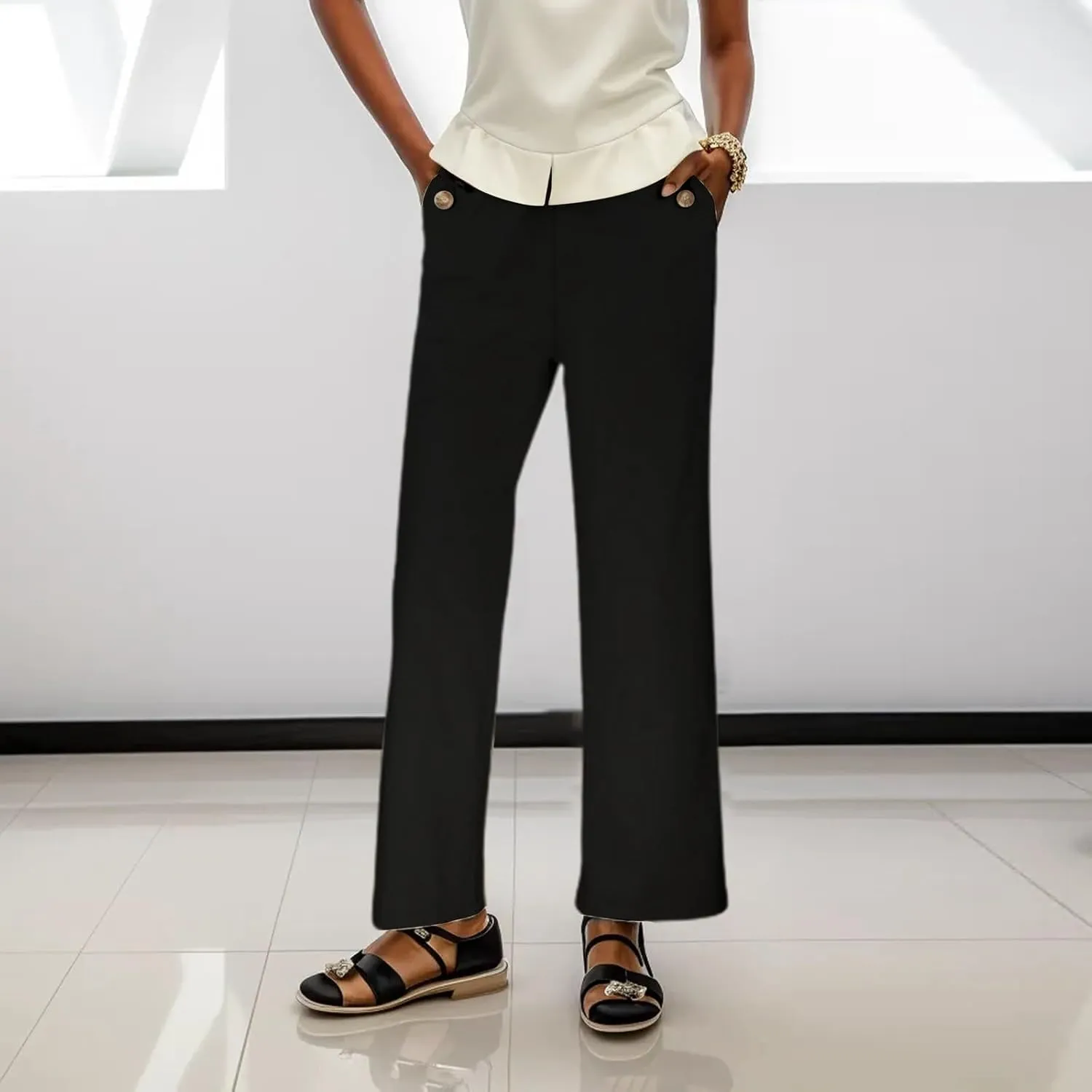 Women's Linen Blend Summer Y2K Streetwear Pants Elastic Waisted Straight Plus Size Palazzo Pants Work Business