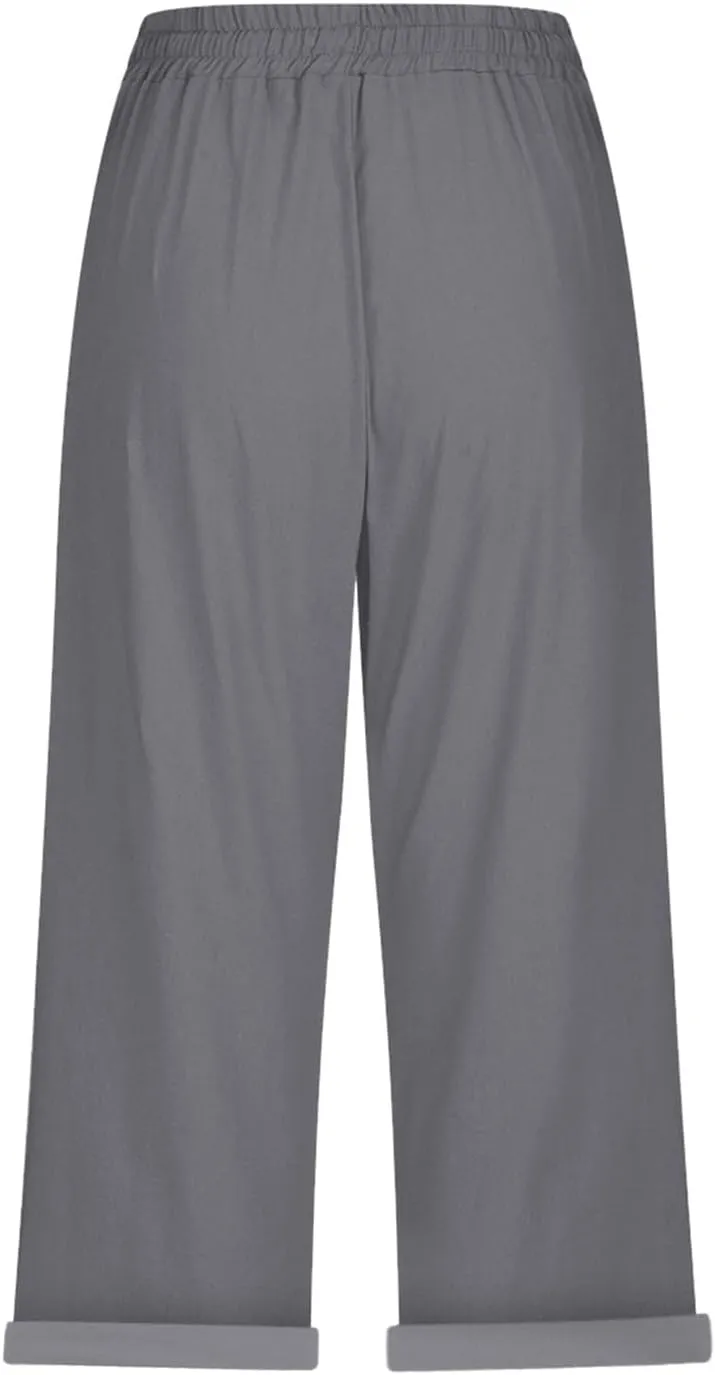 Women's Linen Capri Summer Solid Color Causal Bermuda Elastic Waist Petite Pants Workout Lounge Beach Leisure Shorts