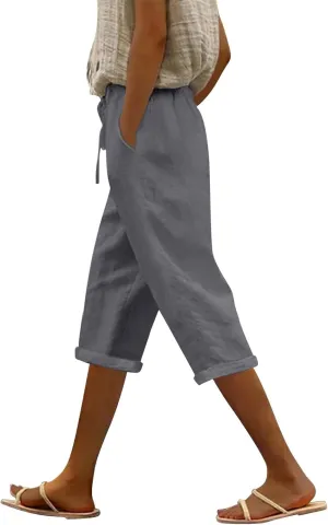 Women's Linen Capri Summer Solid Color Causal Bermuda Elastic Waist Petite Pants Workout Lounge Beach Leisure Shorts