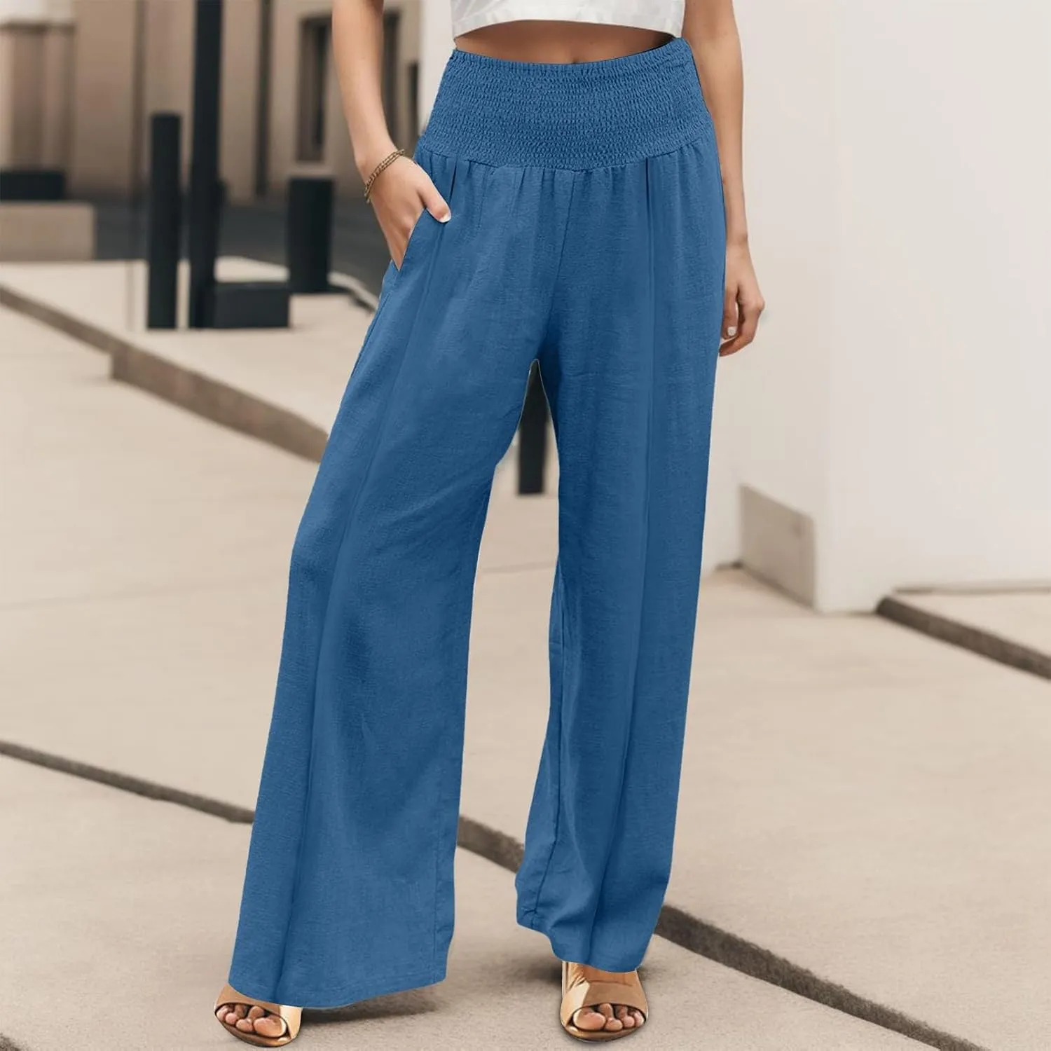 Womens Linen Palazzo Pants Elastic Waist Wide Leg Trousers with Pockets Summer Vacation Lounge Beach Clothes
