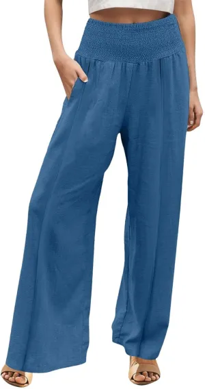 Womens Linen Palazzo Pants Elastic Waist Wide Leg Trousers with Pockets Summer Vacation Lounge Beach Clothes