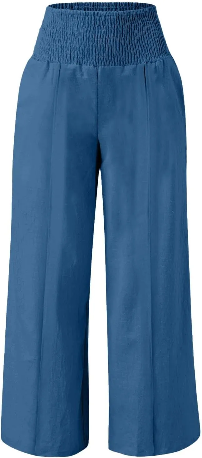Womens Linen Palazzo Pants Elastic Waist Wide Leg Trousers with Pockets Summer Vacation Lounge Beach Clothes