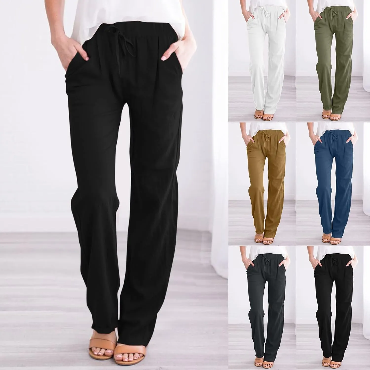 Womens Linen Pants Casual Straight Leg Fit Elastic Waisted Drawstring Cotton Trousers with Pockets Summer Yoga Pant