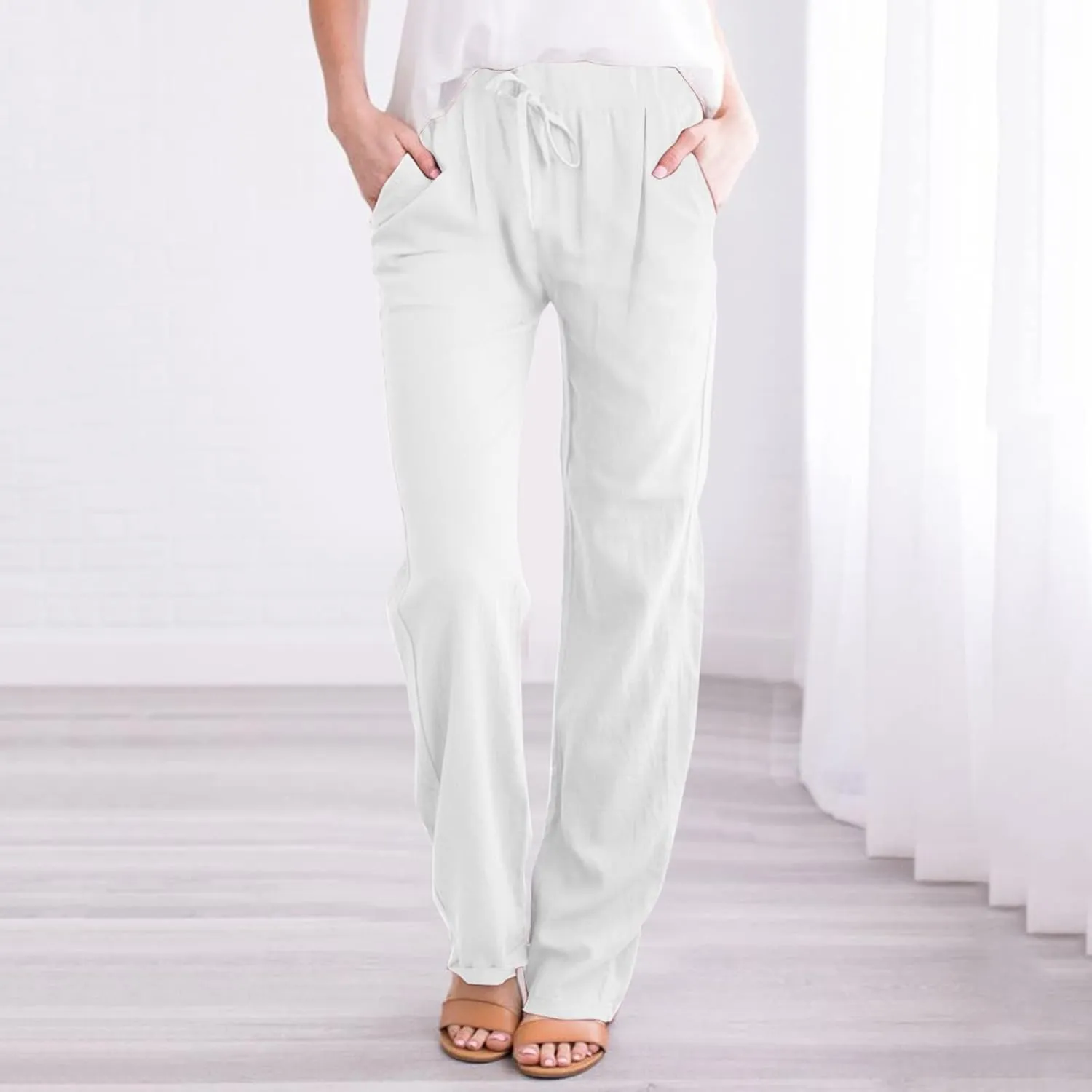 Womens Linen Pants Casual Straight Leg Fit Elastic Waisted Drawstring Cotton Trousers with Pockets Summer Yoga Pant