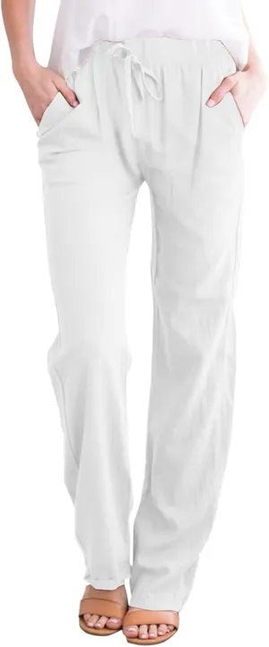 Womens Linen Pants Casual Straight Leg Fit Elastic Waisted Drawstring Cotton Trousers with Pockets Summer Yoga Pant