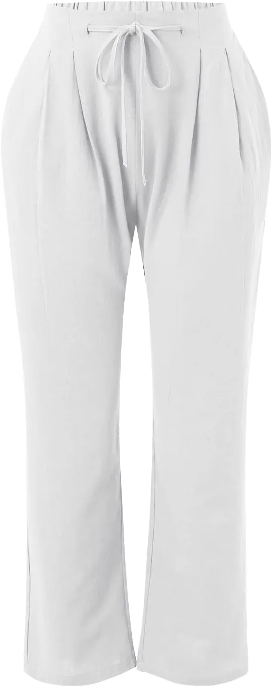 Womens Linen Pants Casual Straight Leg Fit Elastic Waisted Drawstring Cotton Trousers with Pockets Summer Yoga Pant