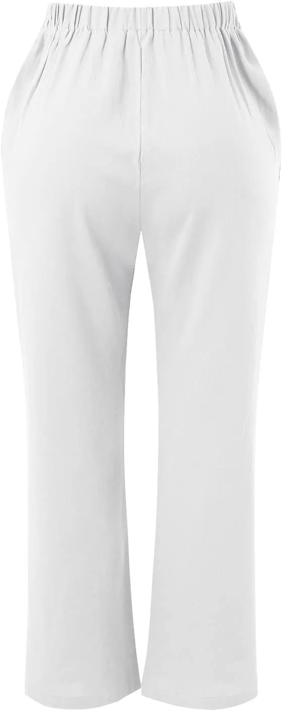 Womens Linen Pants Casual Straight Leg Fit Elastic Waisted Drawstring Cotton Trousers with Pockets Summer Yoga Pant
