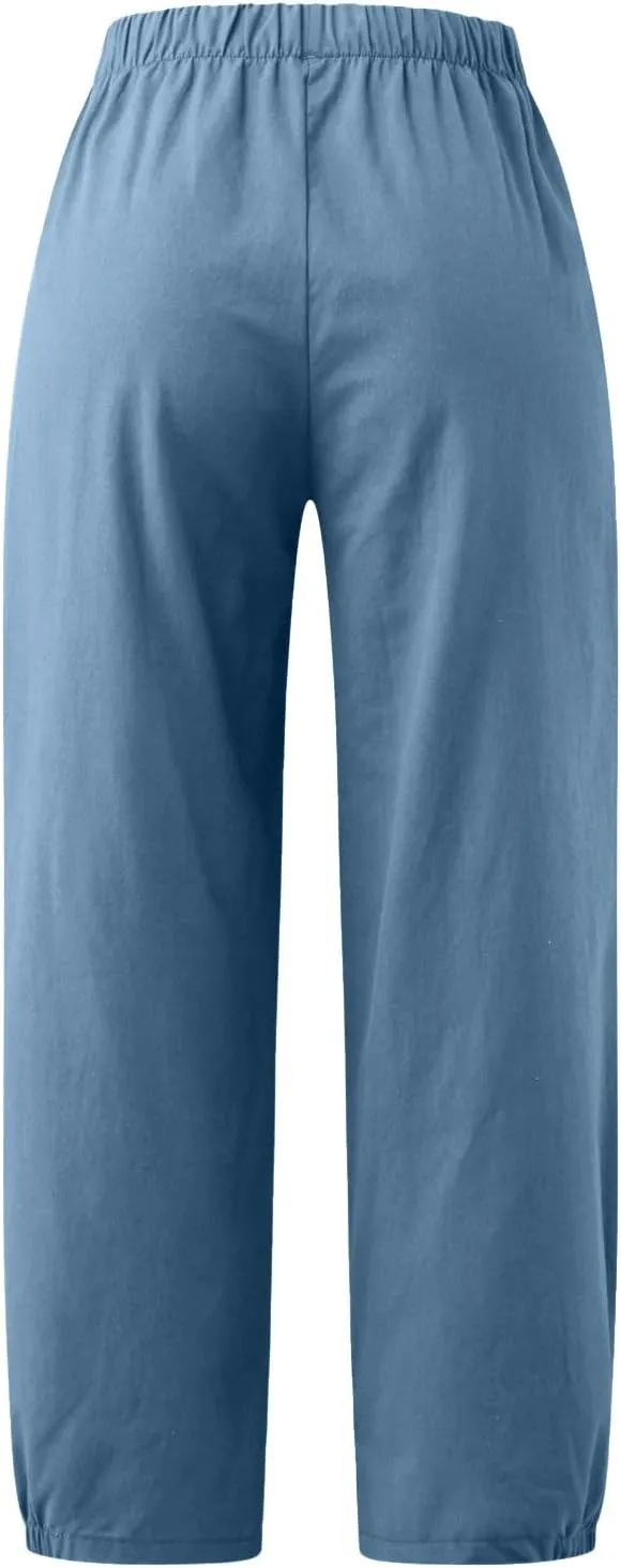 Womens Linen Pants Dressy Casual 2024 Summer Elastic Waist Lounge Trousers Beach Vacation Cropped Pant Outfits