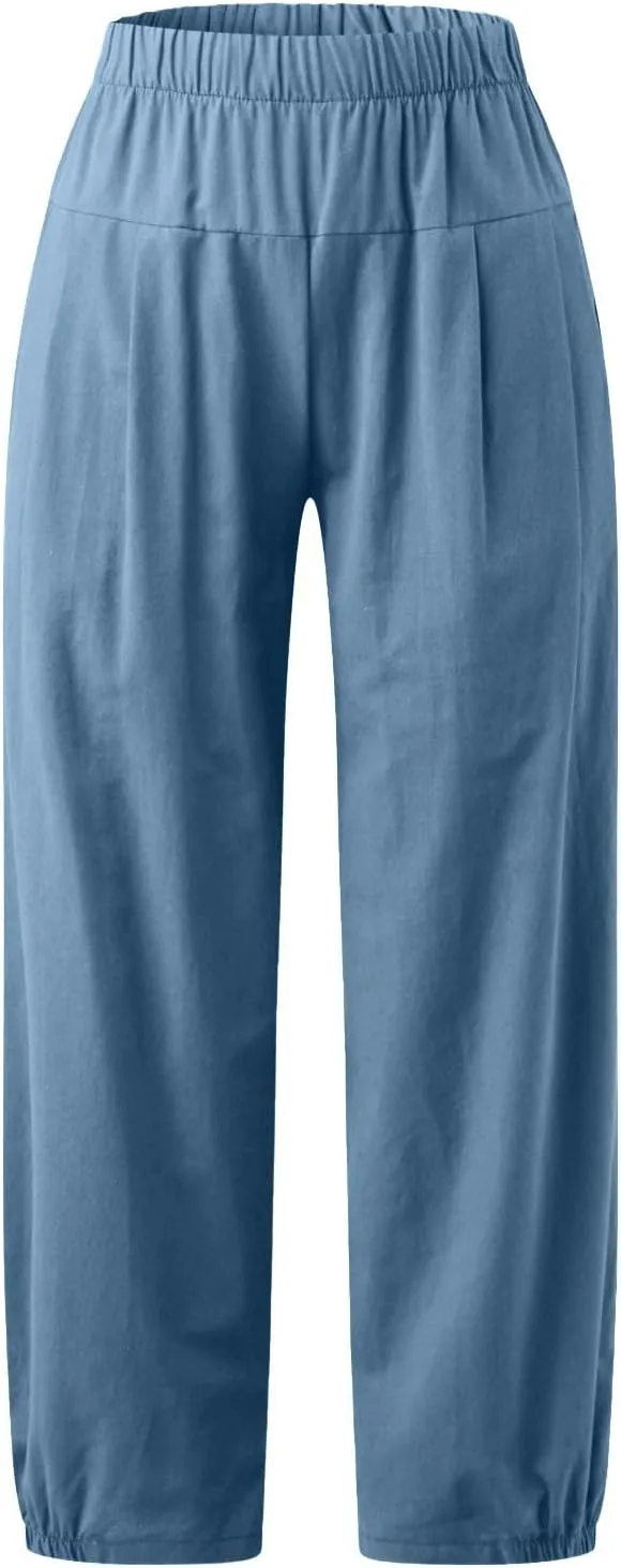 Womens Linen Pants Dressy Casual 2024 Summer Elastic Waist Lounge Trousers Beach Vacation Cropped Pant Outfits