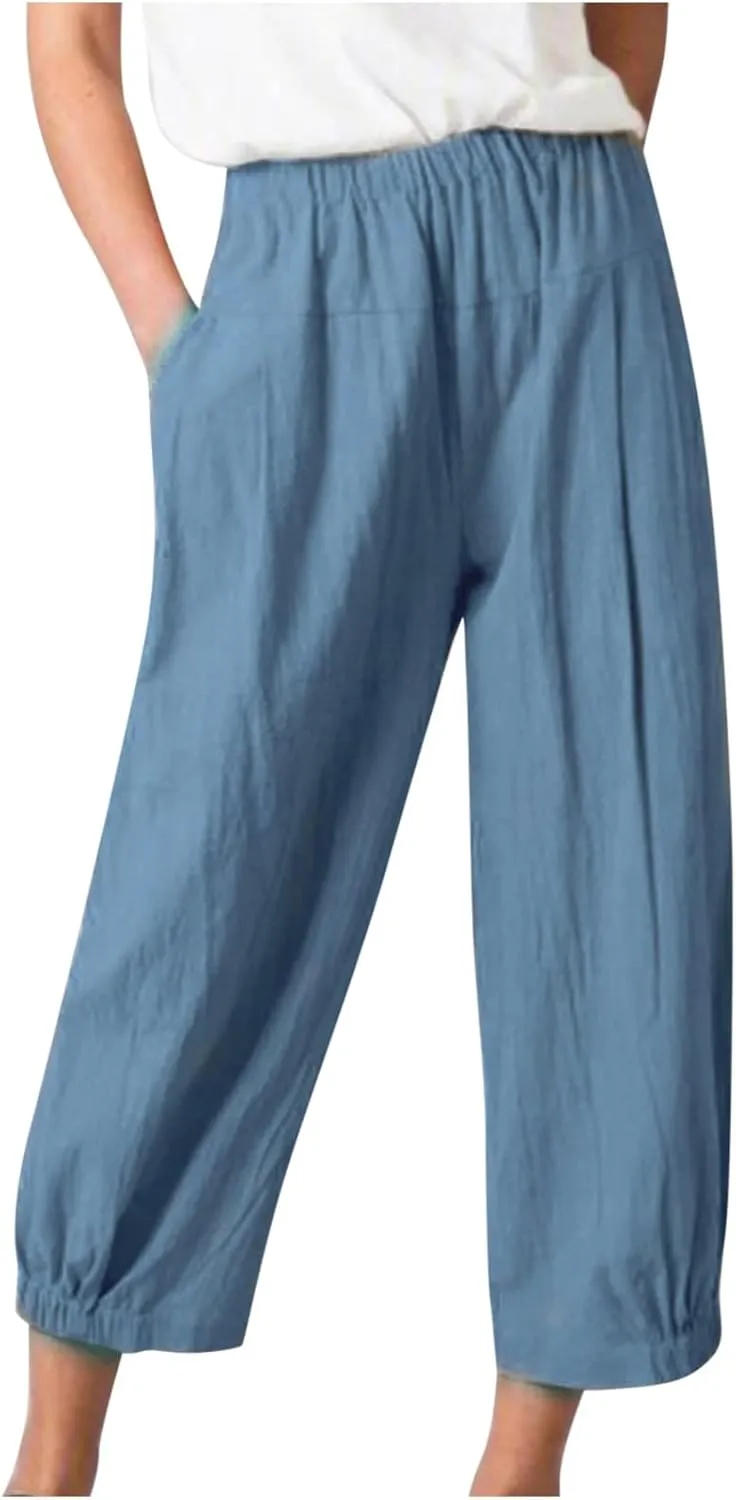 Womens Linen Pants Dressy Casual 2024 Summer Elastic Waist Lounge Trousers Beach Vacation Cropped Pant Outfits