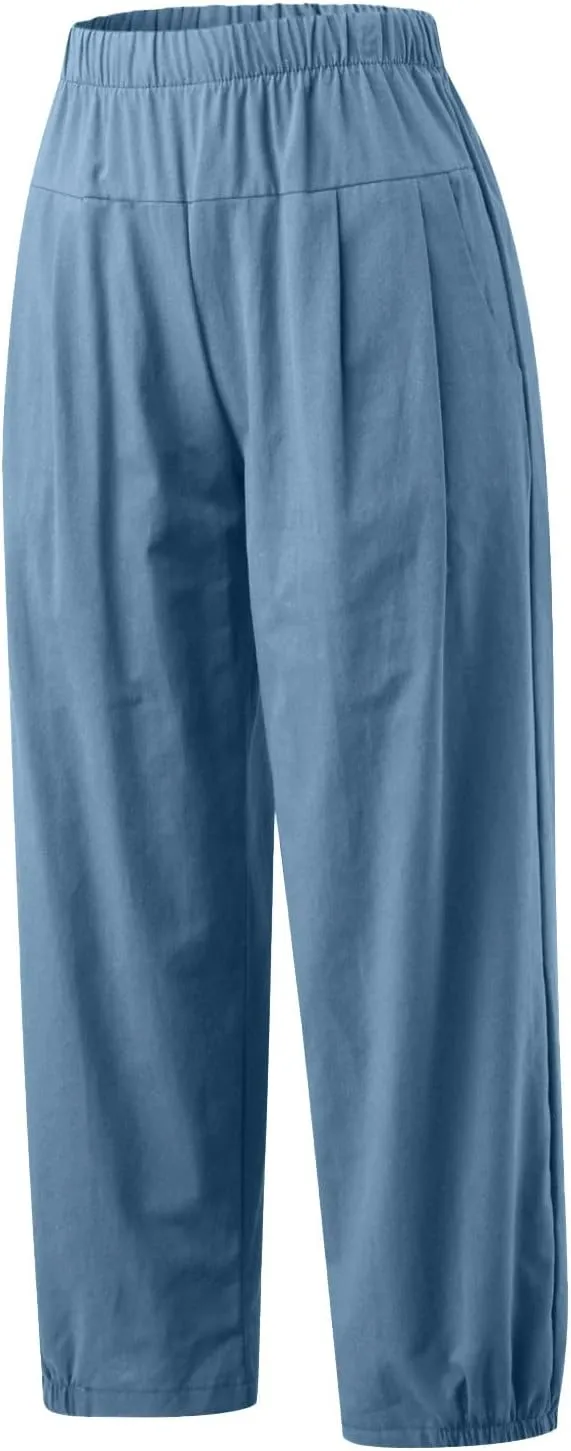 Womens Linen Pants Dressy Casual 2024 Summer Elastic Waist Lounge Trousers Beach Vacation Cropped Pant Outfits