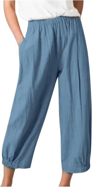Womens Linen Pants Dressy Casual 2024 Summer Elastic Waist Lounge Trousers Beach Vacation Cropped Pant Outfits