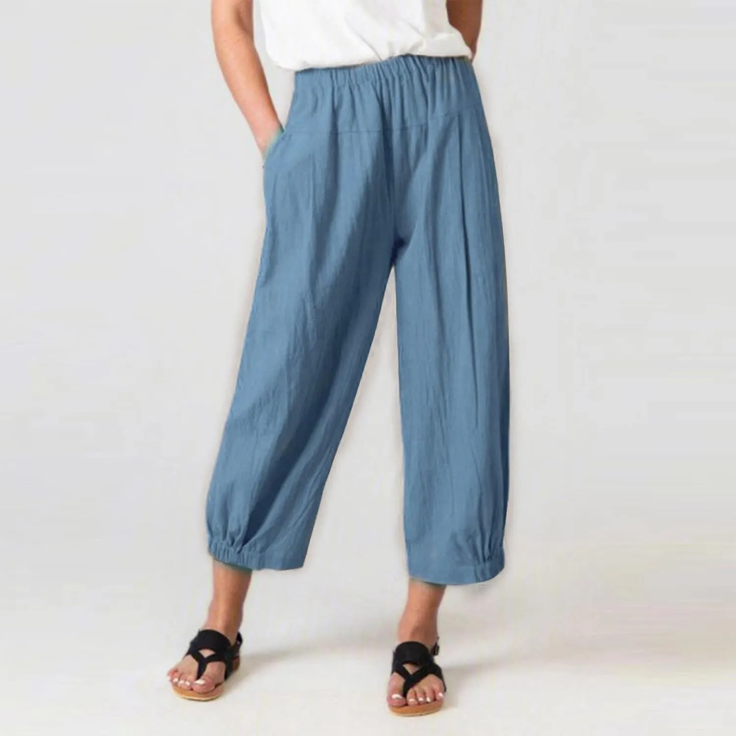 Womens Linen Pants Dressy Casual 2024 Summer Elastic Waist Lounge Trousers Beach Vacation Cropped Pant Outfits