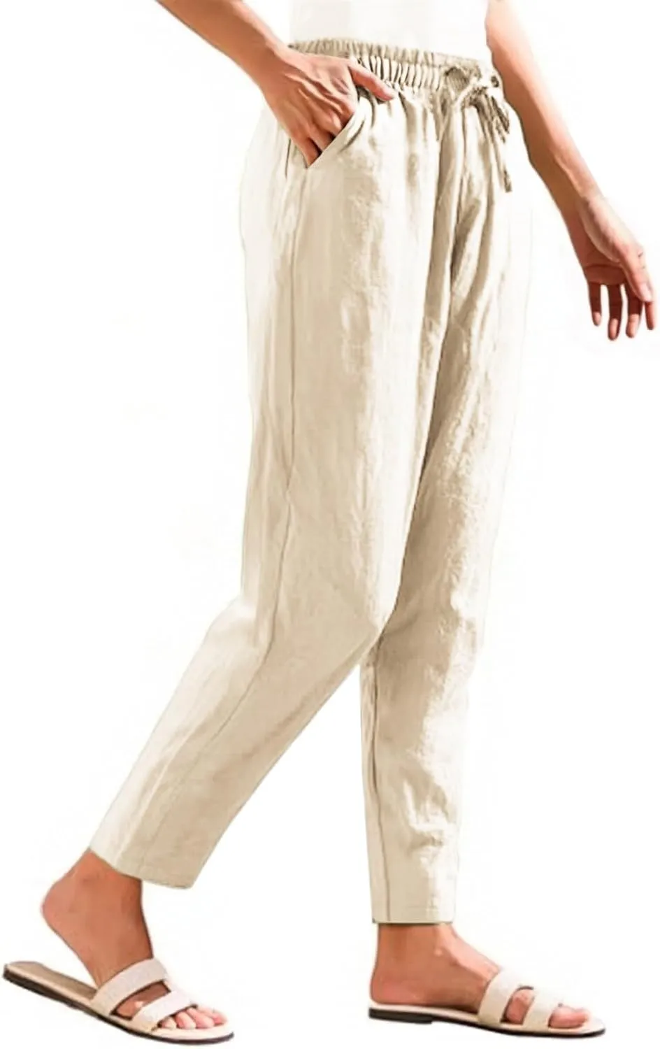 Women's Linen Straight Leg Pants Elastic Waist Drawstring Casual Trousers Summer Solid Beach Lounge Pants with Pocket