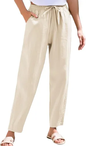 Women's Linen Straight Leg Pants Elastic Waist Drawstring Casual Trousers Summer Solid Beach Lounge Pants with Pocket